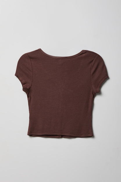 Ribbed Scoop Neck Button-Up Top