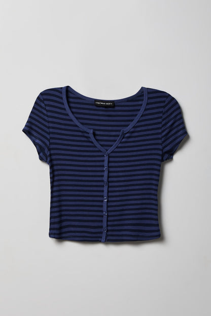 Ribbed Scoop Neck Button-Up Top