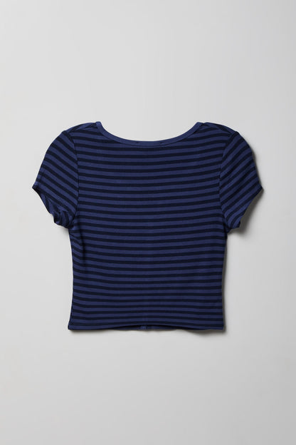 Ribbed Scoop Neck Button-Up Top
