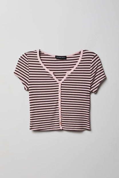 Ribbed Scoop Neck Button-Up Top