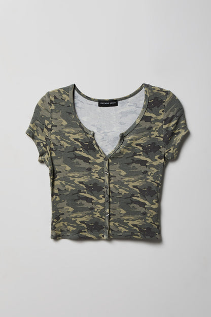 Ribbed Scoop Neck Button-Up Top