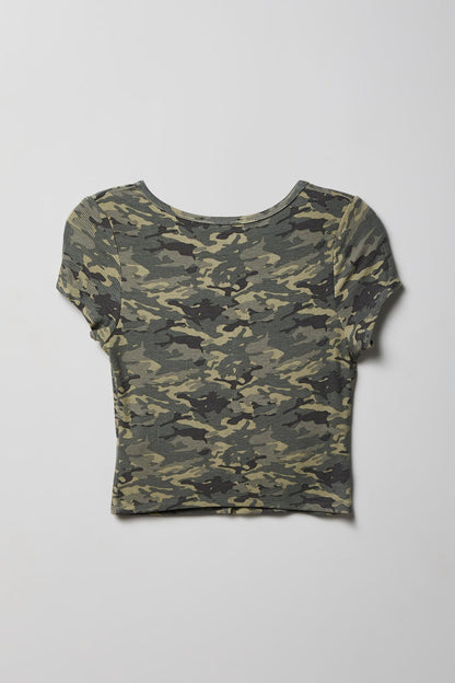 Ribbed Scoop Neck Button-Up Top