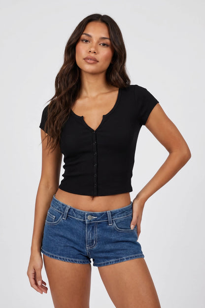 Ribbed Scoop Neck Button-Up Top