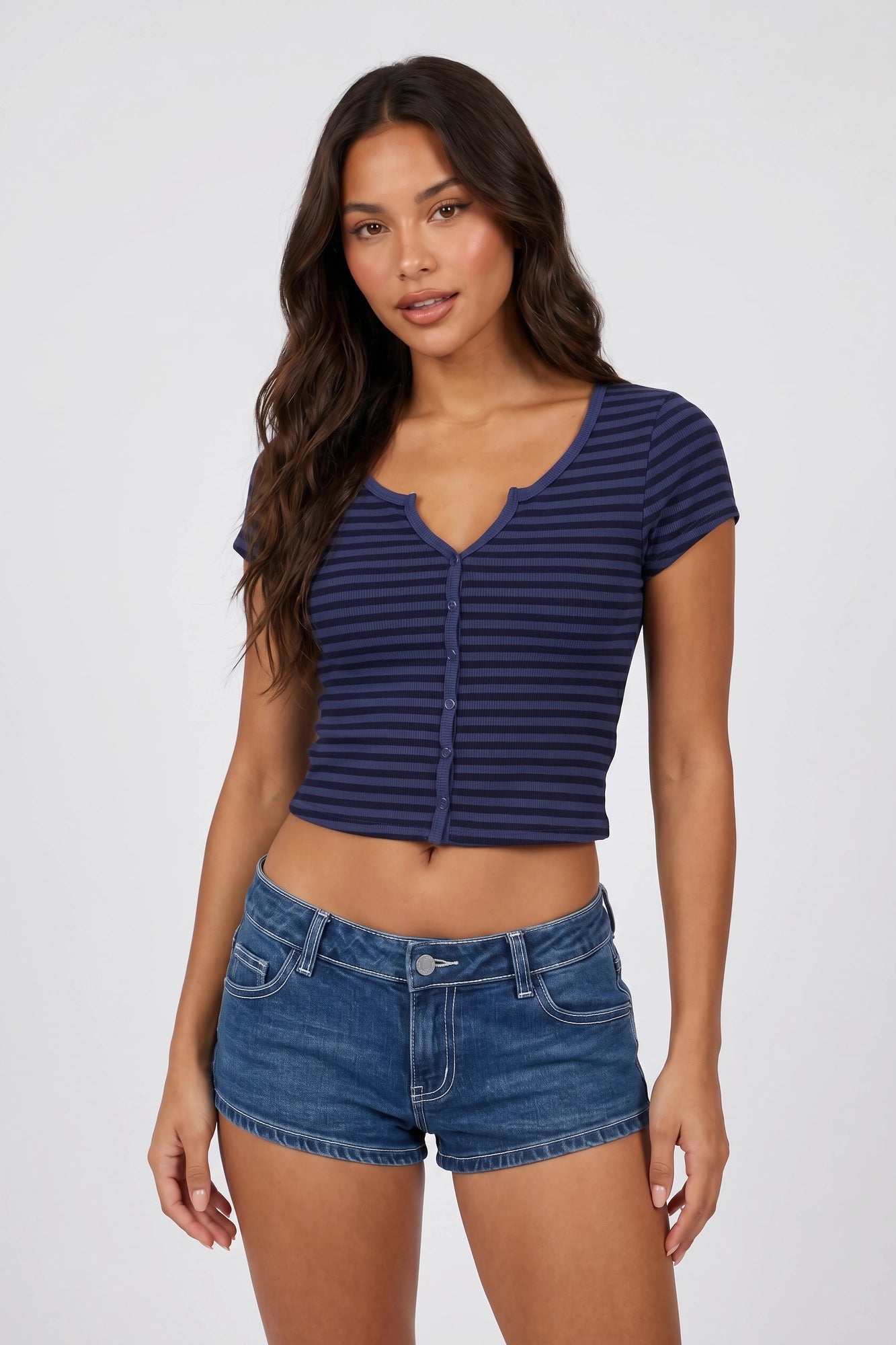 Ribbed Scoop Neck Button-Up Top