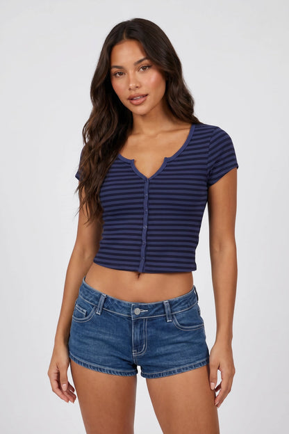 Ribbed Scoop Neck Button-Up Top