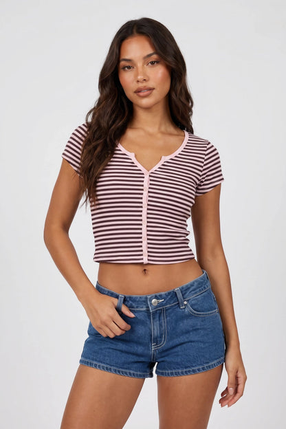 Ribbed Scoop Neck Button-Up Top