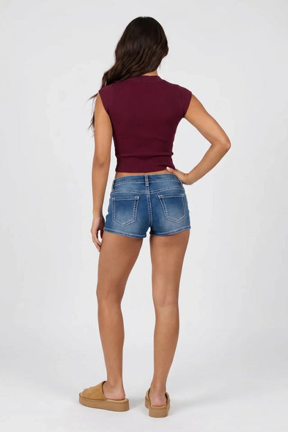 Ribbed Scoop Neck Button-Up Top