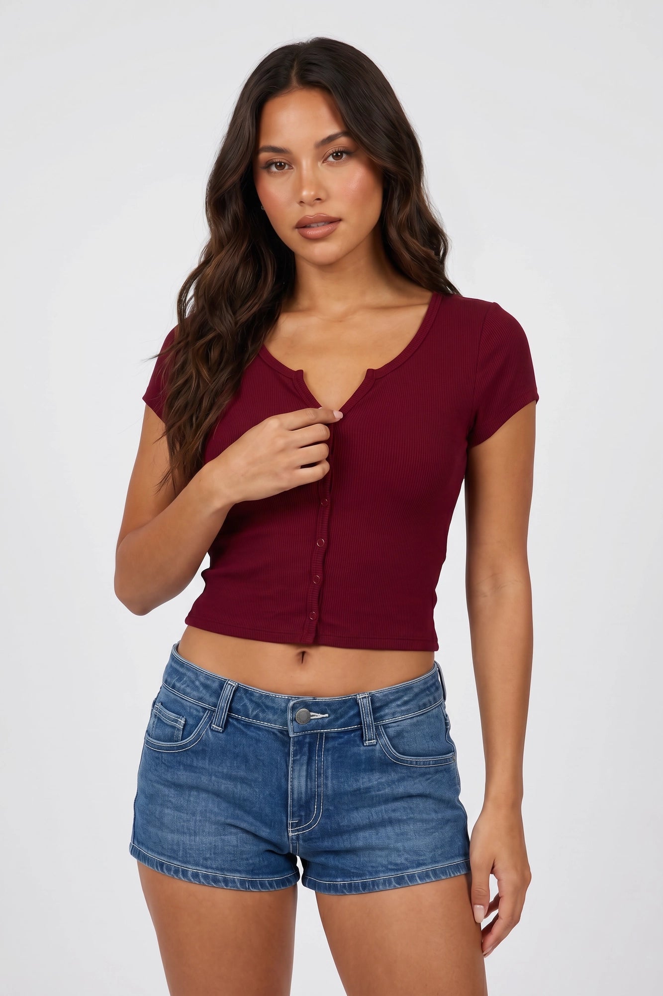 Ribbed Scoop Neck Button-Up Top
