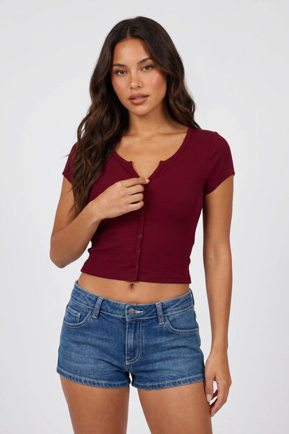 Ribbed Scoop Neck Button-Up Top