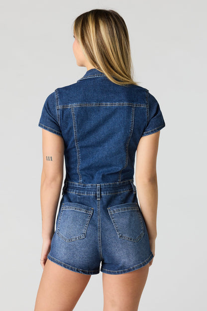 Stretch Denim Zip-Up Romper