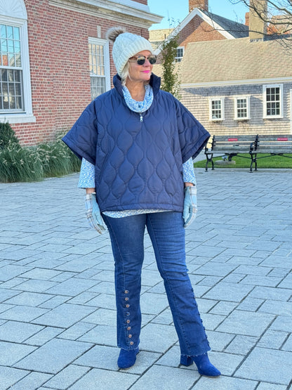 Quilted Short Sleeves Puffer Pullover Poncho Navy
