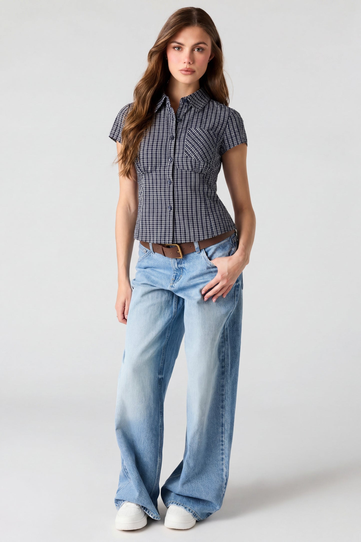 Fitted Short Sleeve Button-Up Top