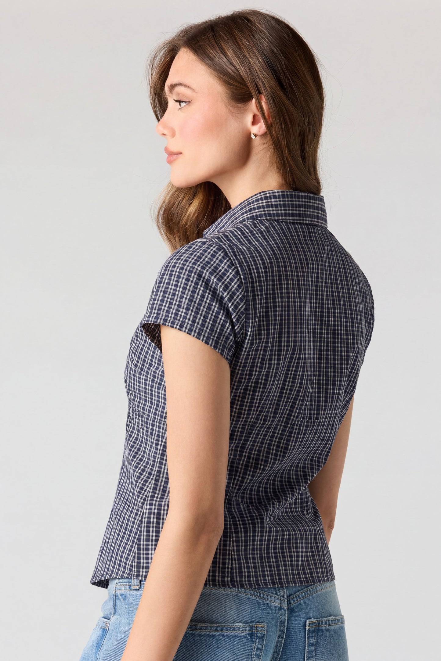 Fitted Short Sleeve Button-Up Top