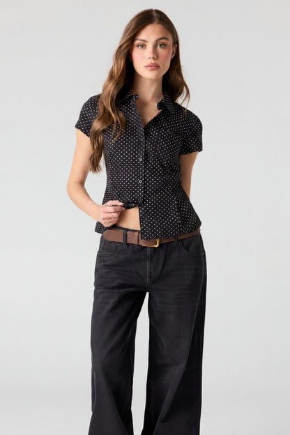Fitted Short Sleeve Button-Up Top