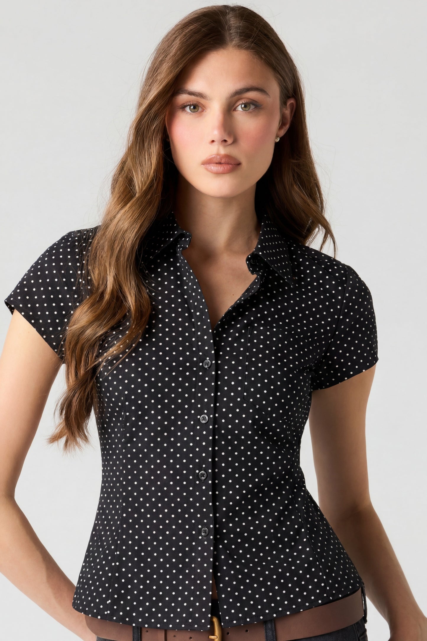 Fitted Short Sleeve Button-Up Top