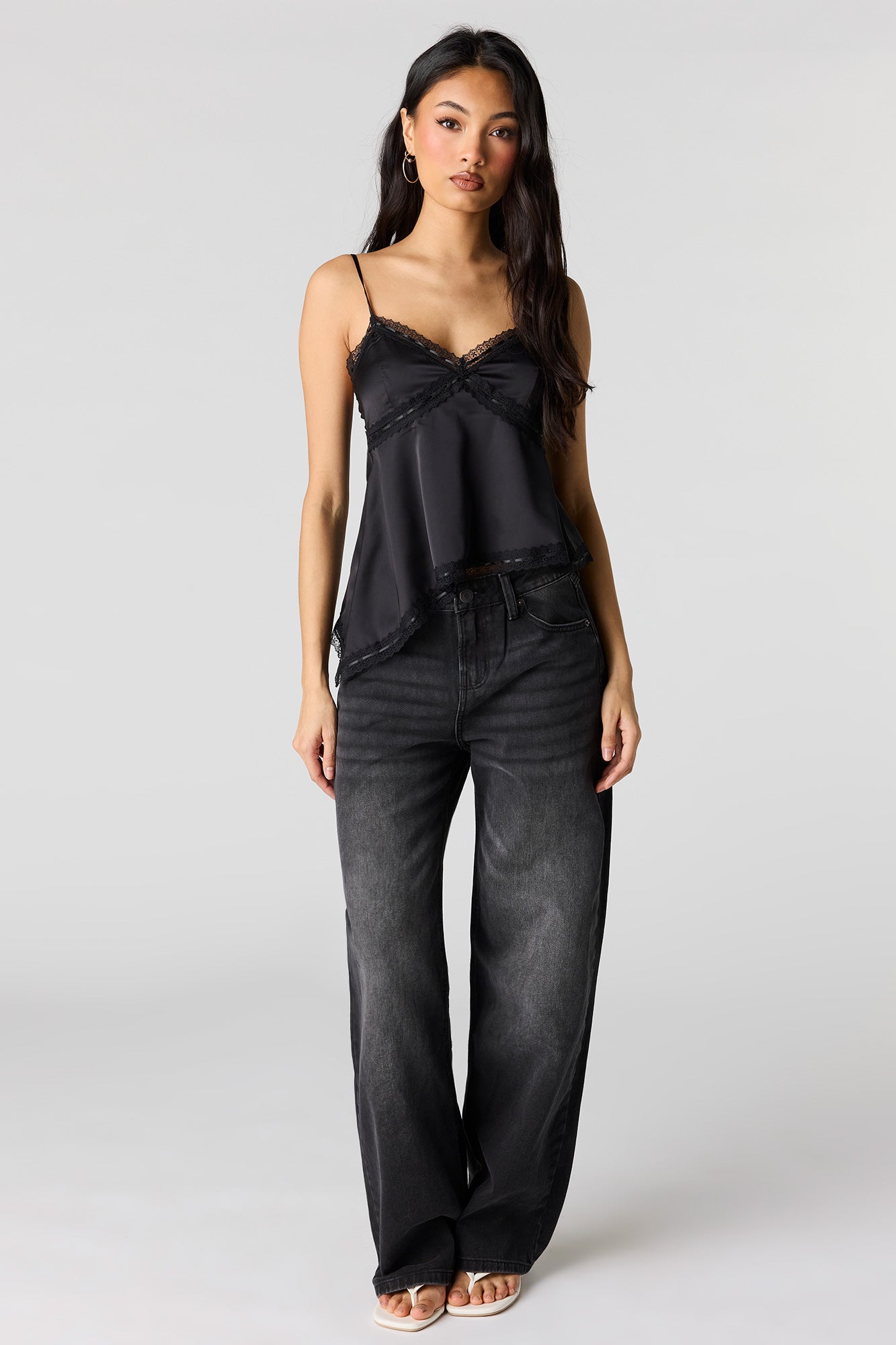 Satin Lace Trim Asymmetrical Cami