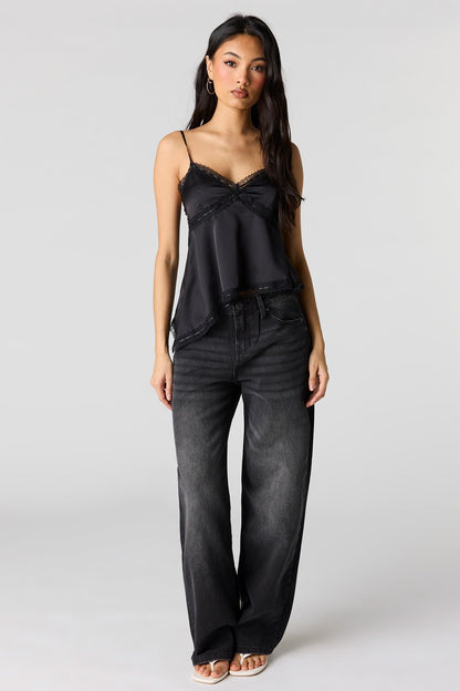 Satin Lace Trim Asymmetrical Cami