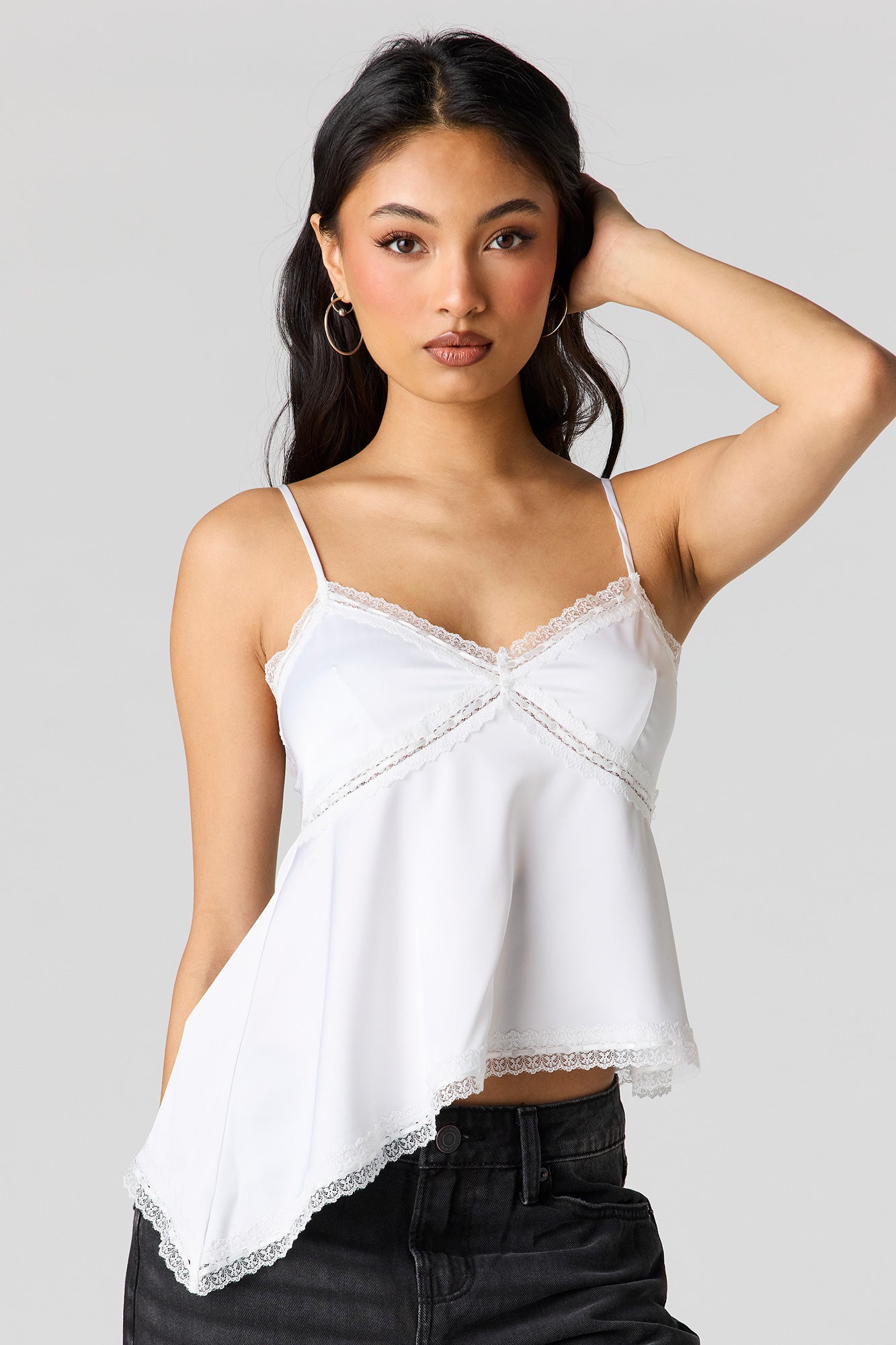 Satin Lace Trim Asymmetrical Cami