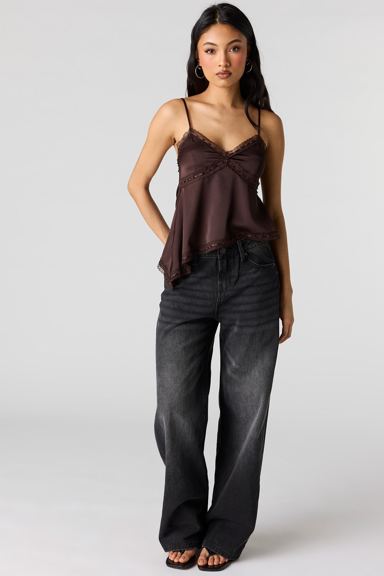 Satin Lace Trim Asymmetrical Cami