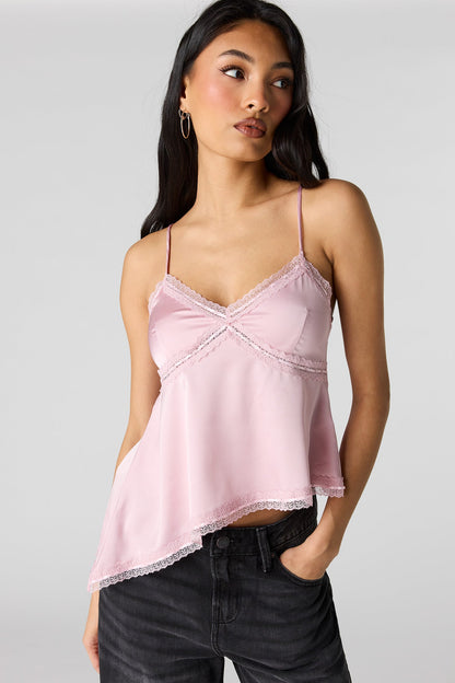 Satin Lace Trim Asymmetrical Cami