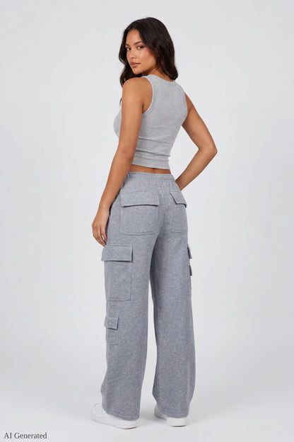 Fleece Low Rise Wide Leg Cargo Sweatpant