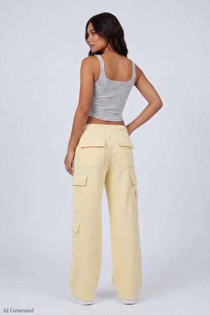 Fleece Low Rise Wide Leg Cargo Sweatpant