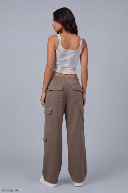 Fleece Low Rise Wide Leg Cargo Sweatpant