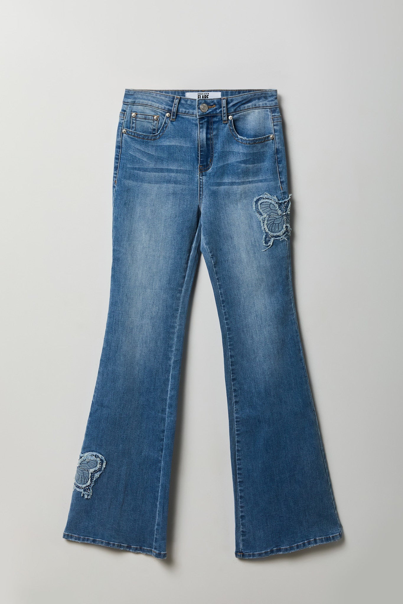 Stretch High Rise Butterfly Patch Flare Jean 22"