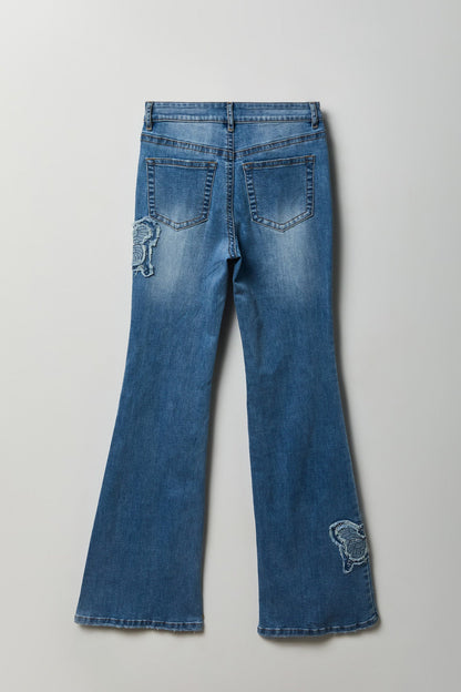 Stretch High Rise Butterfly Patch Flare Jean 22"