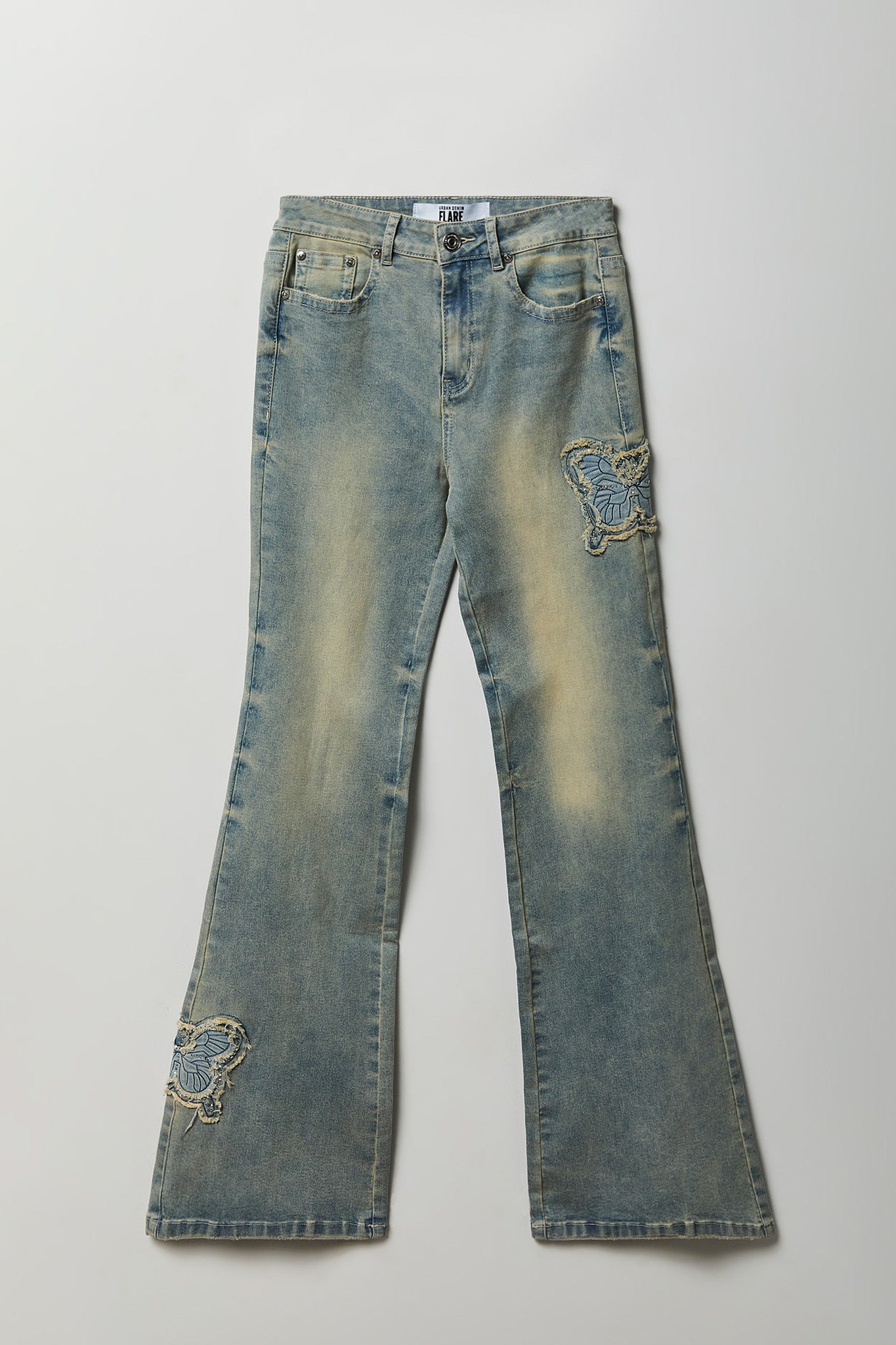 Stretch High Rise Butterfly Patch Flare Jean 22"