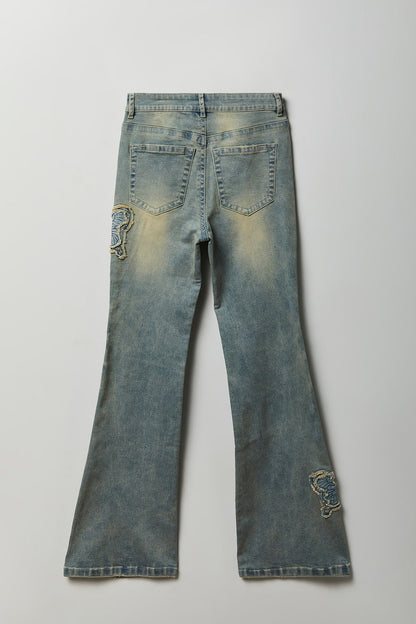 Stretch High Rise Butterfly Patch Flare Jean 22"