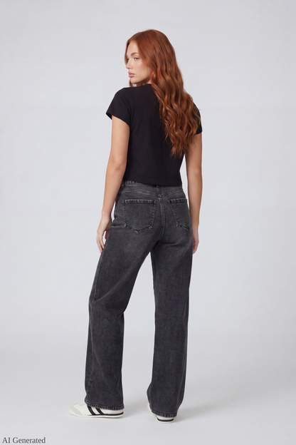 Paris Stretch High Rise Wide Leg Jean with Keychain