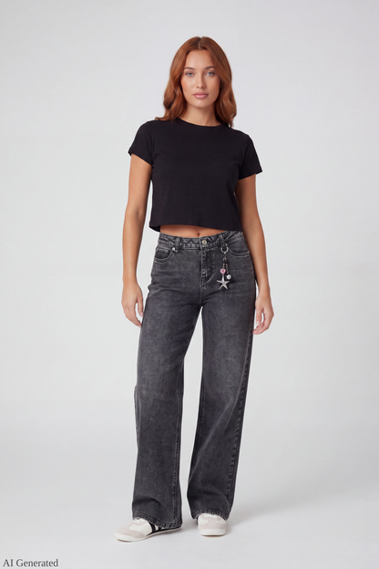 Paris Stretch High Rise Wide Leg Jean with Keychain
