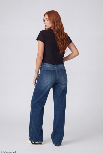 Paris Stretch High Rise Wide Leg Jean with Keychain
