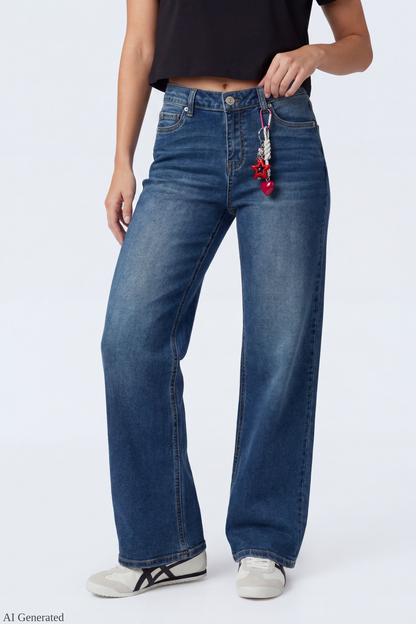 Paris Stretch High Rise Wide Leg Jean with Keychain