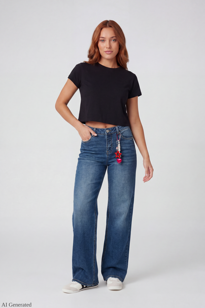 Paris Stretch High Rise Wide Leg Jean with Keychain