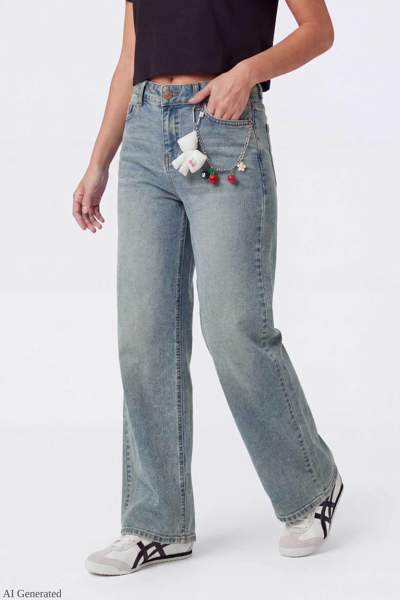 Paris Stretch High Rise Wide Leg Jean with Keychain