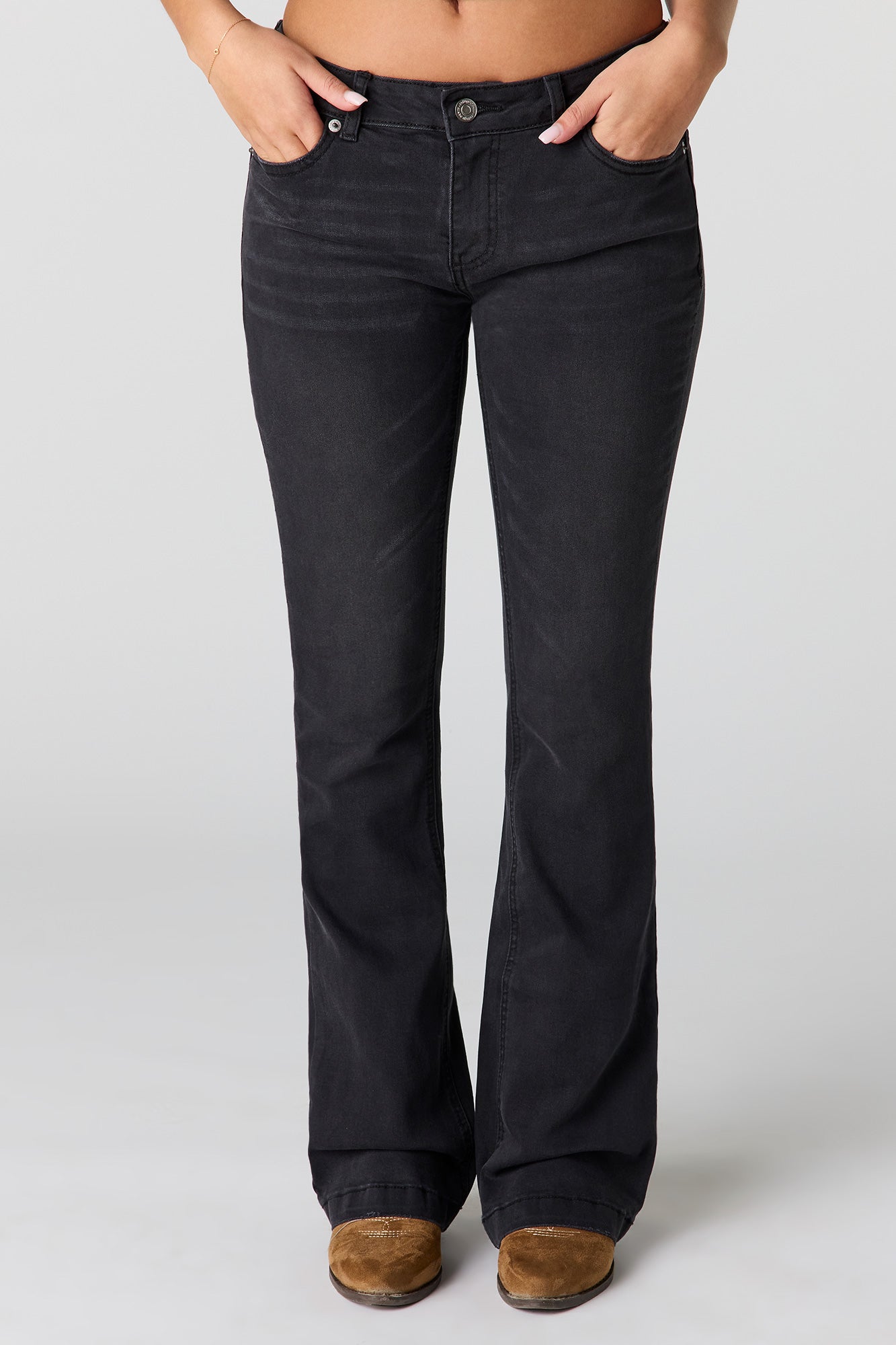 Stretch Low Rise Embroidered Pocket Flare Jean
