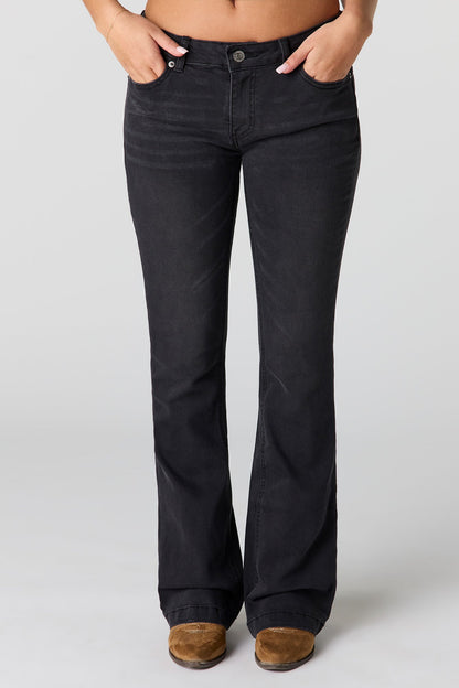 Stretch Low Rise Embroidered Pocket Flare Jean