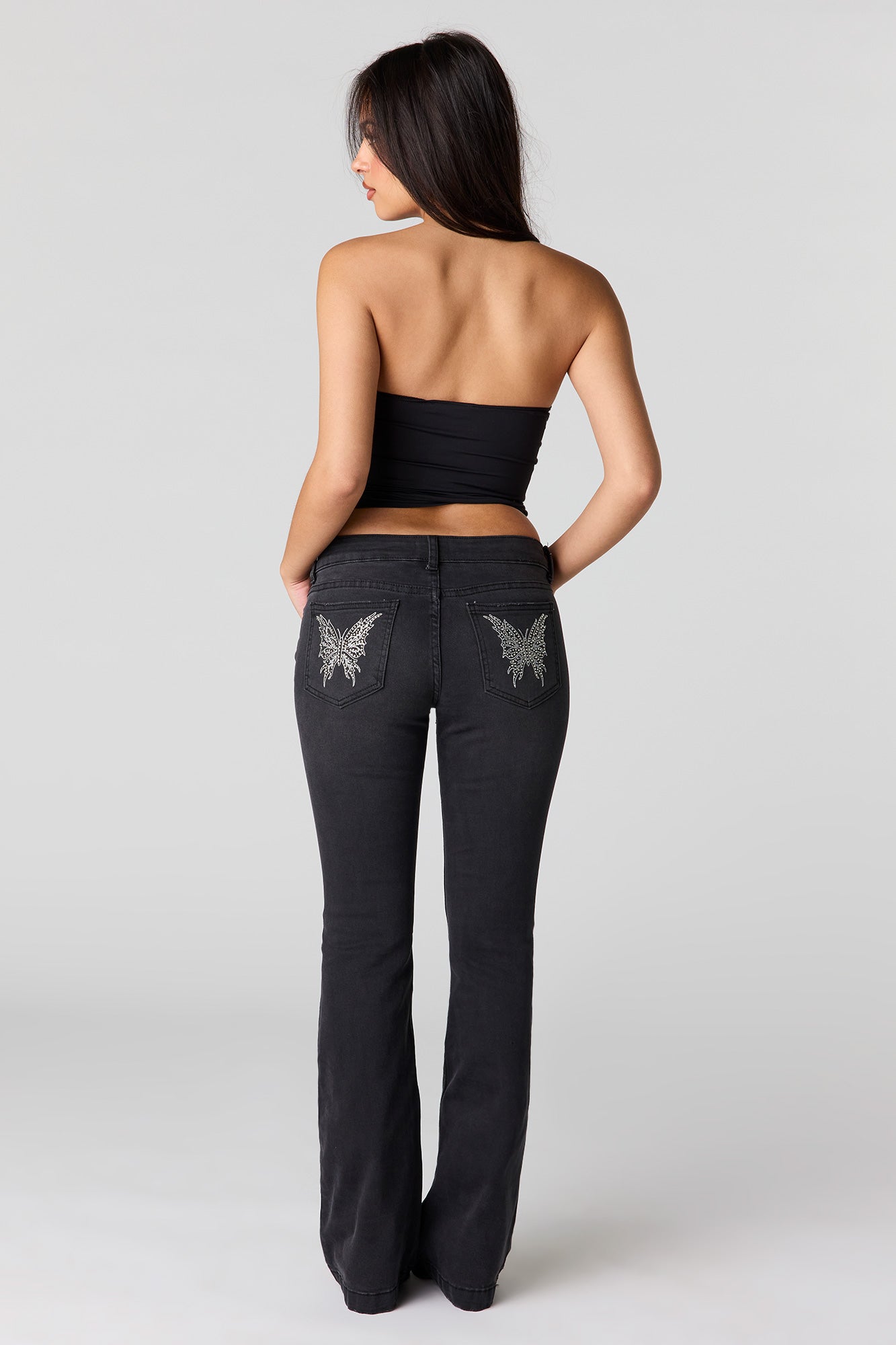 Stretch Low Rise Embroidered Pocket Flare Jean