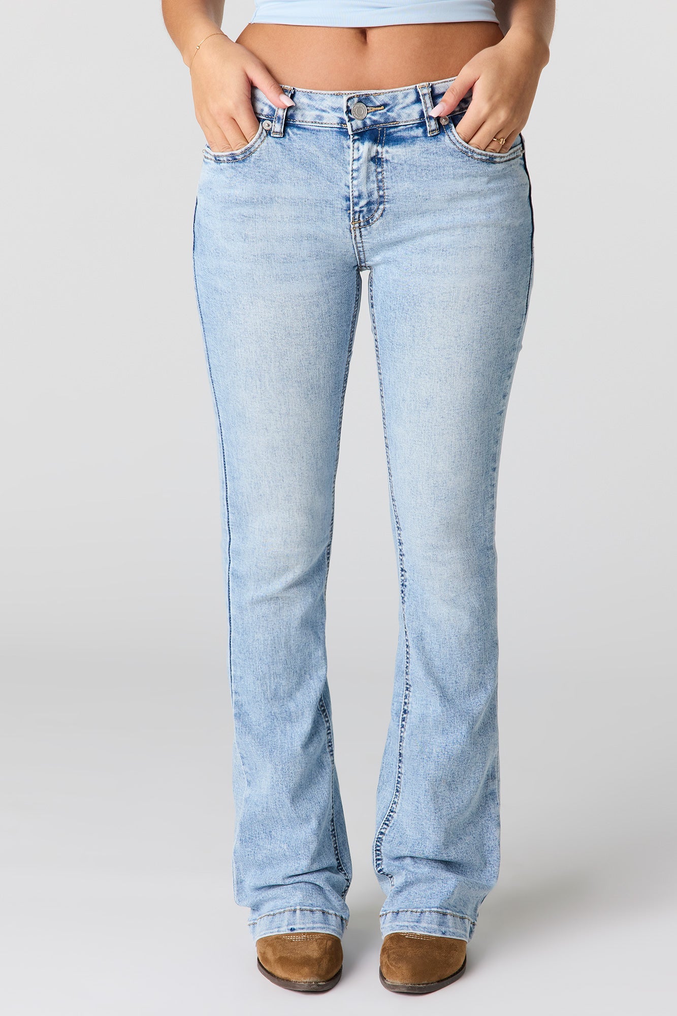 Stretch Low Rise Embroidered Pocket Flare Jean