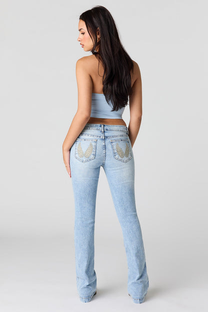 Stretch Low Rise Embroidered Pocket Flare Jean