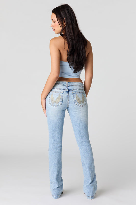 Stretch Low Rise Embroidered Pocket Flare Jean