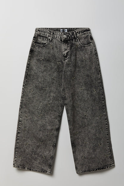 Low Rise Bow Embroidered Baggy Denim Jean