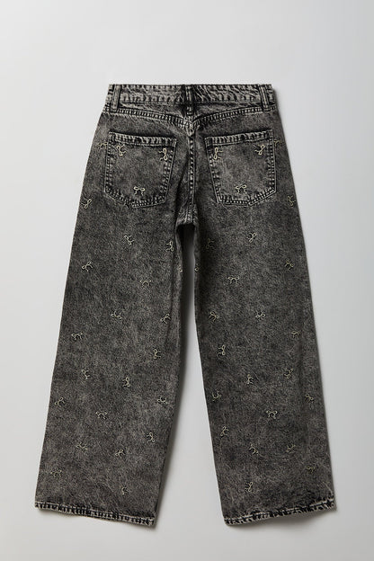 Low Rise Bow Embroidered Baggy Denim Jean