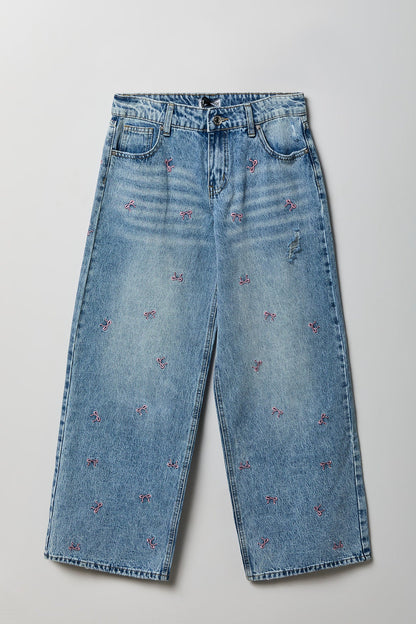 Low Rise Bow Embroidered Baggy Denim Jean
