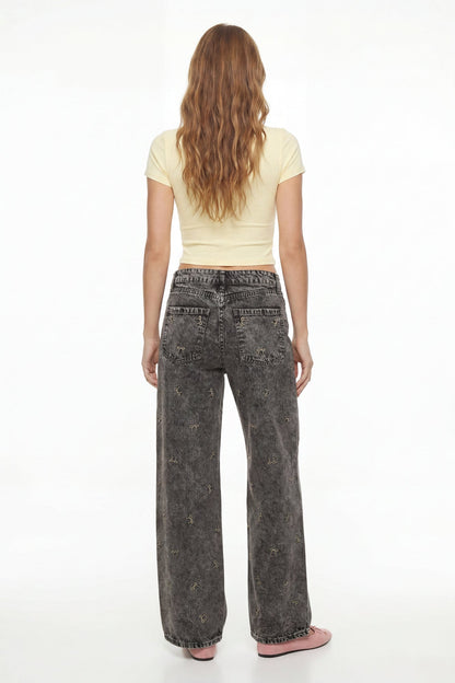 Low Rise Bow Embroidered Baggy Denim Jean