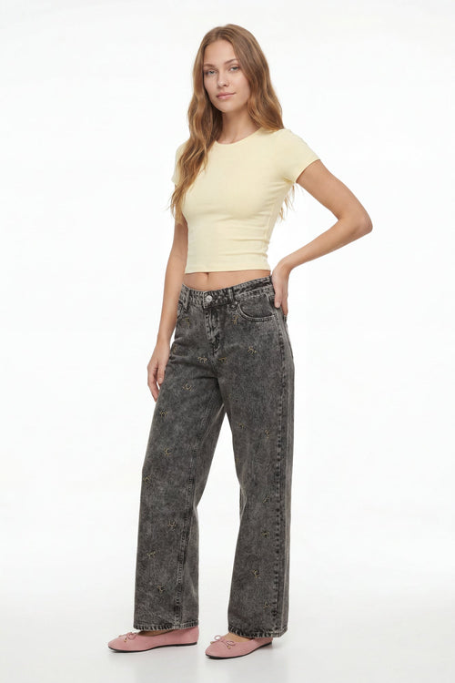 Low Rise Bow Embroidered Baggy Denim Jean