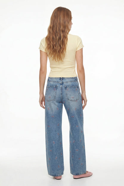 Low Rise Bow Embroidered Baggy Denim Jean