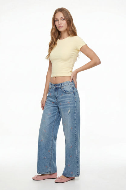 Low Rise Bow Embroidered Baggy Denim Jean